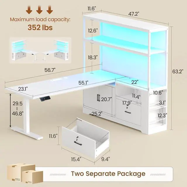Alt view image 2 of 7 - 56.7" L Shaped Standing Desk, Reversible Computer Office Desk with Drawers & Hutch, Stand Up Corner Gaming Desks with LED Lights & Power Outlets for Home Office, White