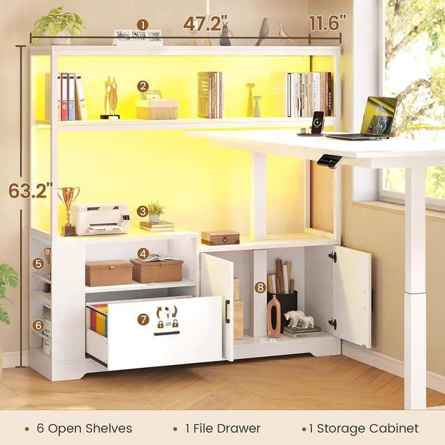 Alt view image 3 of 7 - 56.7" L Shaped Standing Desk, Reversible Computer Office Desk with Drawers & Hutch, Stand Up Corner Gaming Desks with LED Lights & Power Outlets for Home Office, White