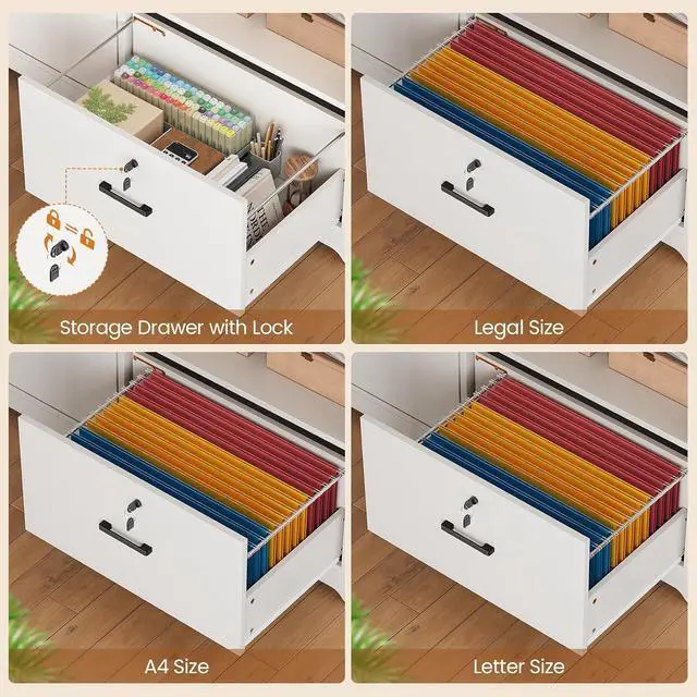 Alt view image 4 of 7 - 56.7" L Shaped Standing Desk, Reversible Computer Office Desk with Drawers & Hutch, Stand Up Corner Gaming Desks with LED Lights & Power Outlets for Home Office, White