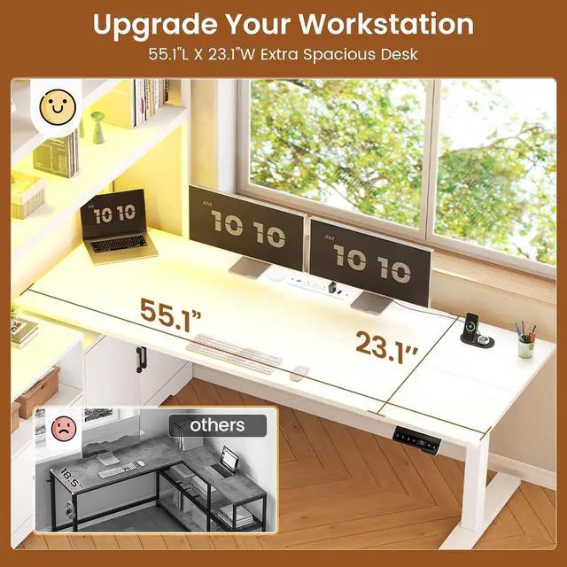 Alt view image 5 of 7 - 56.7" L Shaped Standing Desk, Reversible Computer Office Desk with Drawers & Hutch, Stand Up Corner Gaming Desks with LED Lights & Power Outlets for Home Office, White