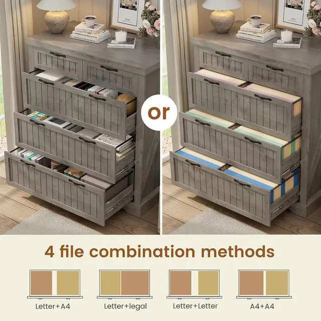 Alt view image 3 of 7 - Filing Cabinet for Home Office, Farmhouse 5 Drawers File Cabinet, Wood Office File Cabinets for Letter/Legal/A4 Size, File Cabinets with Printer Stand for Study Room, Living Room, Grey