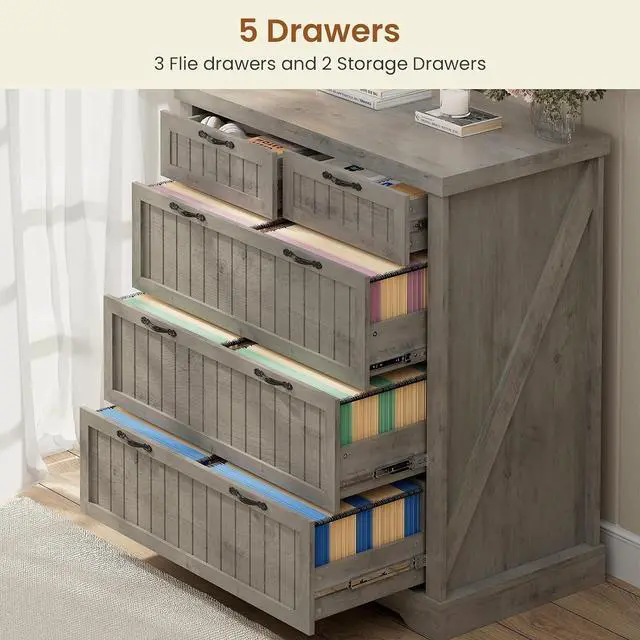 Alt view image 4 of 7 - Filing Cabinet for Home Office, Farmhouse 5 Drawers File Cabinet, Wood Office File Cabinets for Letter/Legal/A4 Size, File Cabinets with Printer Stand for Study Room, Living Room, Grey