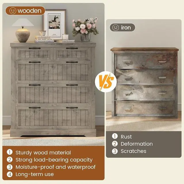 Alt view image 5 of 7 - Filing Cabinet for Home Office, Farmhouse 5 Drawers File Cabinet, Wood Office File Cabinets for Letter/Legal/A4 Size, File Cabinets with Printer Stand for Study Room, Living Room, Grey