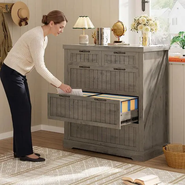 Alt view image 6 of 7 - Filing Cabinet for Home Office, Farmhouse 5 Drawers File Cabinet, Wood Office File Cabinets for Letter/Legal/A4 Size, File Cabinets with Printer Stand for Study Room, Living Room, Grey