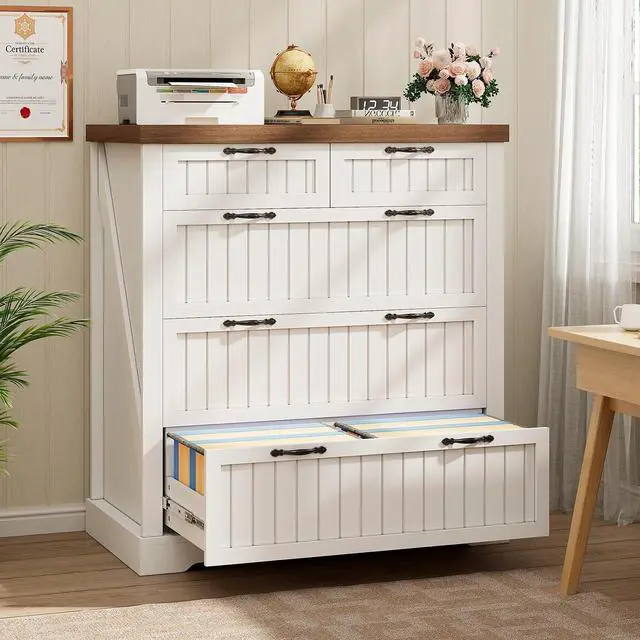 Main image of Farmhouse File Cabinet with 5 Drawers, Filing Cabinet for Home Office, Wood Office File Cabinets for Letter/Legal/A4 Size, File Cabinets with Printer Stand, White and Brown