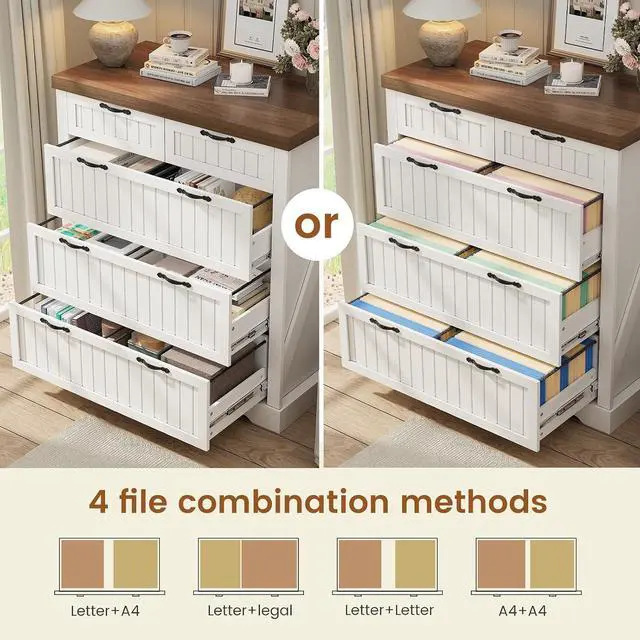 Alt view image 3 of 7 - Farmhouse File Cabinet with 5 Drawers, Filing Cabinet for Home Office, Wood Office File Cabinets for Letter/Legal/A4 Size, File Cabinets with Printer Stand, White and Brown