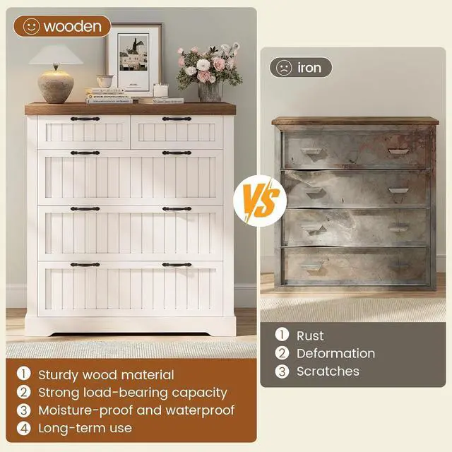 Alt view image 4 of 7 - Farmhouse File Cabinet with 5 Drawers, Filing Cabinet for Home Office, Wood Office File Cabinets for Letter/Legal/A4 Size, File Cabinets with Printer Stand, White and Brown