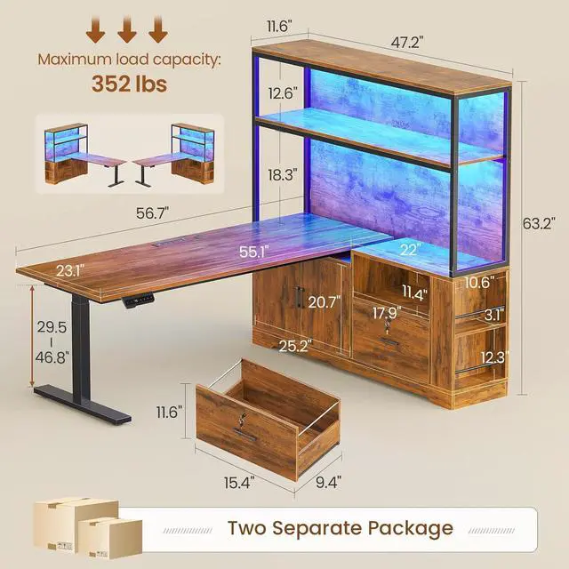 Alt view image 2 of 7 - 56.7" L Shaped Standing Desk, Reversible Computer Office Desk with Drawers & Hutch, Stand Up Corner Gaming Desks with LED Lights & Power Outlets for Home Office, Rustic Brown