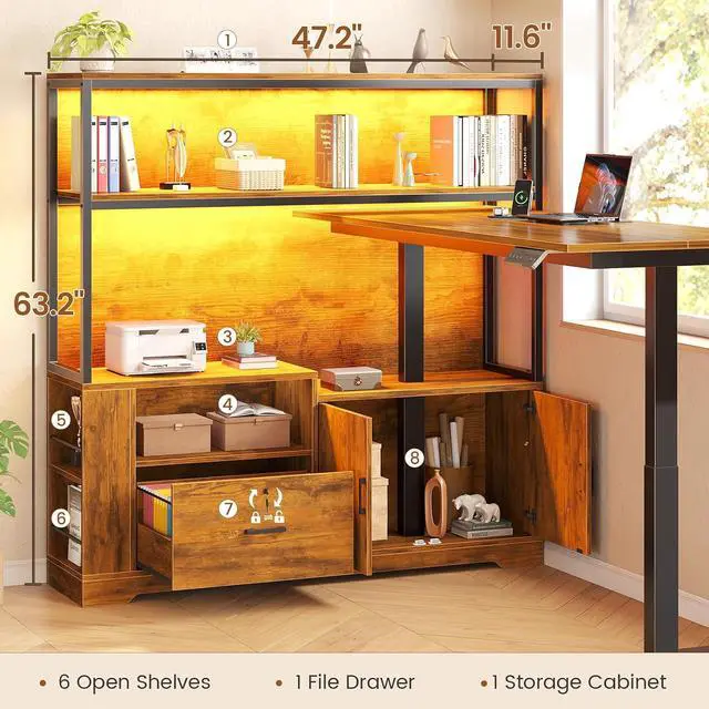 Alt view image 3 of 7 - 56.7" L Shaped Standing Desk, Reversible Computer Office Desk with Drawers & Hutch, Stand Up Corner Gaming Desks with LED Lights & Power Outlets for Home Office, Rustic Brown
