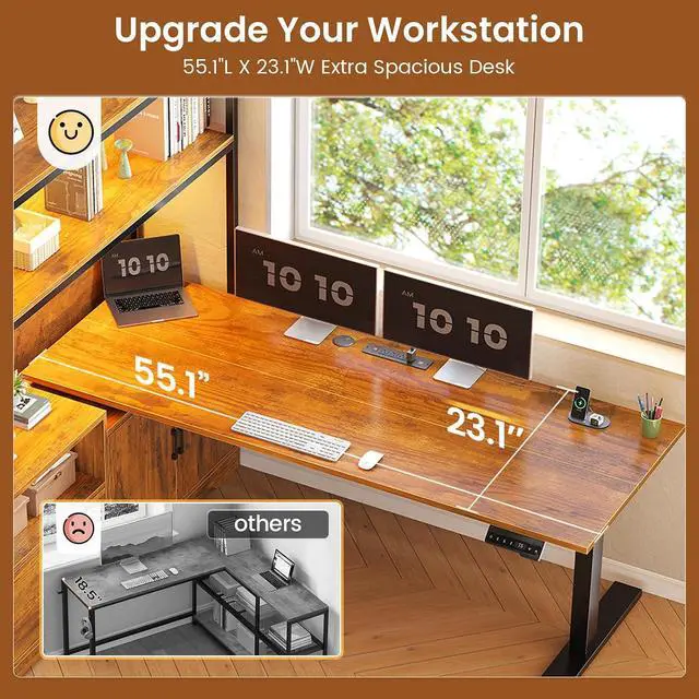 Alt view image 5 of 7 - 56.7" L Shaped Standing Desk, Reversible Computer Office Desk with Drawers & Hutch, Stand Up Corner Gaming Desks with LED Lights & Power Outlets for Home Office, Rustic Brown