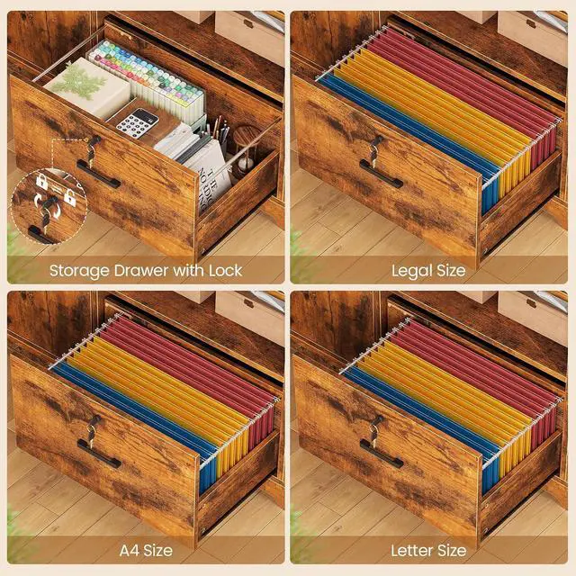Alt view image 4 of 7 - 56.7" L Shaped Standing Desk, Reversible Computer Office Desk with Drawers & Hutch, Stand Up Corner Gaming Desks with LED Lights & Power Outlets for Home Office, Rustic Brown