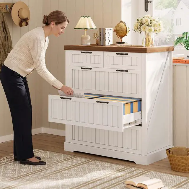 Alt view image 5 of 7 - Farmhouse File Cabinet with 5 Drawers, Filing Cabinet for Home Office, Wood Office File Cabinets for Letter/Legal/A4 Size, File Cabinets with Printer Stand, White and Brown