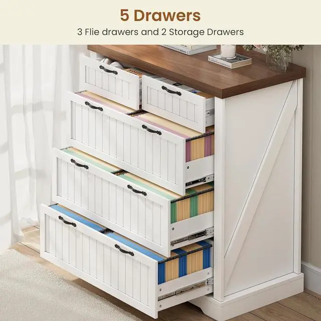 Alt view image 6 of 7 - Farmhouse File Cabinet with 5 Drawers, Filing Cabinet for Home Office, Wood Office File Cabinets for Letter/Legal/A4 Size, File Cabinets with Printer Stand, White and Brown