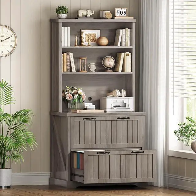 Main image of 2 Drawer Filing Cabinet, Farmhouse File Cabinet for Home Office with Storage Shelves, Wood Tall Office Filing Cabinet fits Letter, Legal, A4 Size, Lateral File Cabinets with Bookshelf (Grey)
