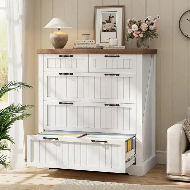 Alt view image 7 of 7 - Farmhouse File Cabinet with 5 Drawers, Filing Cabinet for Home Office, Wood Office File Cabinets for Letter/Legal/A4 Size, File Cabinets with Printer Stand, White and Brown