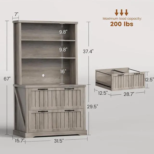 Alt view image 2 of 7 - 2 Drawer Filing Cabinet, Farmhouse File Cabinet for Home Office with Storage Shelves, Wood Tall Office Filing Cabinet fits Letter, Legal, A4 Size, Lateral File Cabinets with Bookshelf (Grey)