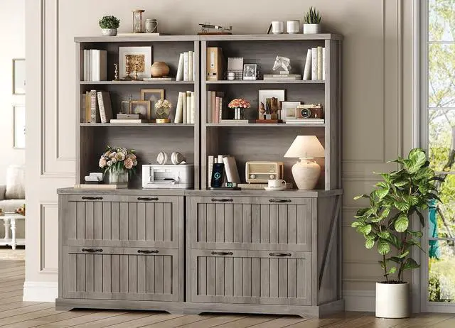 Alt view image 5 of 7 - 2 Drawer Filing Cabinet, Farmhouse File Cabinet for Home Office with Storage Shelves, Wood Tall Office Filing Cabinet fits Letter, Legal, A4 Size, Lateral File Cabinets with Bookshelf (Grey)