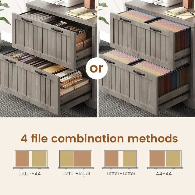 Alt view image 3 of 7 - 2 Drawer Filing Cabinet, Farmhouse File Cabinet for Home Office with Storage Shelves, Wood Tall Office Filing Cabinet fits Letter, Legal, A4 Size, Lateral File Cabinets with Bookshelf (Grey)