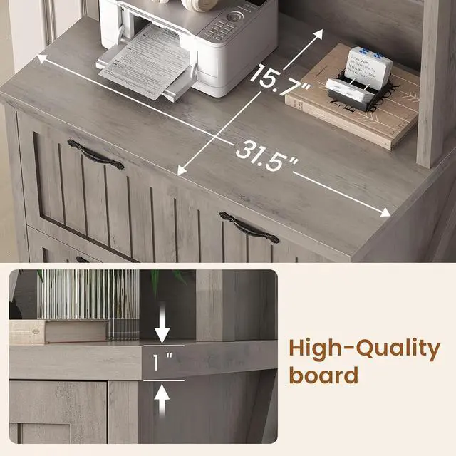 Alt view image 4 of 7 - 2 Drawer Filing Cabinet, Farmhouse File Cabinet for Home Office with Storage Shelves, Wood Tall Office Filing Cabinet fits Letter, Legal, A4 Size, Lateral File Cabinets with Bookshelf (Grey)