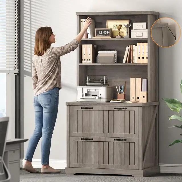 Alt view image 6 of 7 - 2 Drawer Filing Cabinet, Farmhouse File Cabinet for Home Office with Storage Shelves, Wood Tall Office Filing Cabinet fits Letter, Legal, A4 Size, Lateral File Cabinets with Bookshelf (Grey)