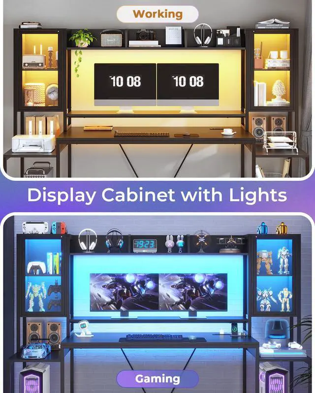 Alt view image 5 of 7 - Gaming Desk 74.8'' with LED Lights, Hutch and Storage Shelves, Computer Desk with Monitor Stand, Large PC Gamer Desk Workstation, Ergonomic Gaming Table for Bedroom, Living Room, Black