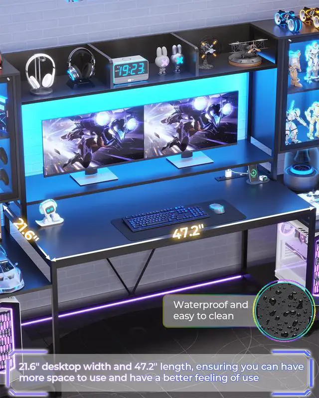 Alt view image 7 of 7 - Gaming Desk 74.8'' with LED Lights, Hutch and Storage Shelves, Computer Desk with Monitor Stand, Large PC Gamer Desk Workstation, Ergonomic Gaming Table for Bedroom, Living Room, Black