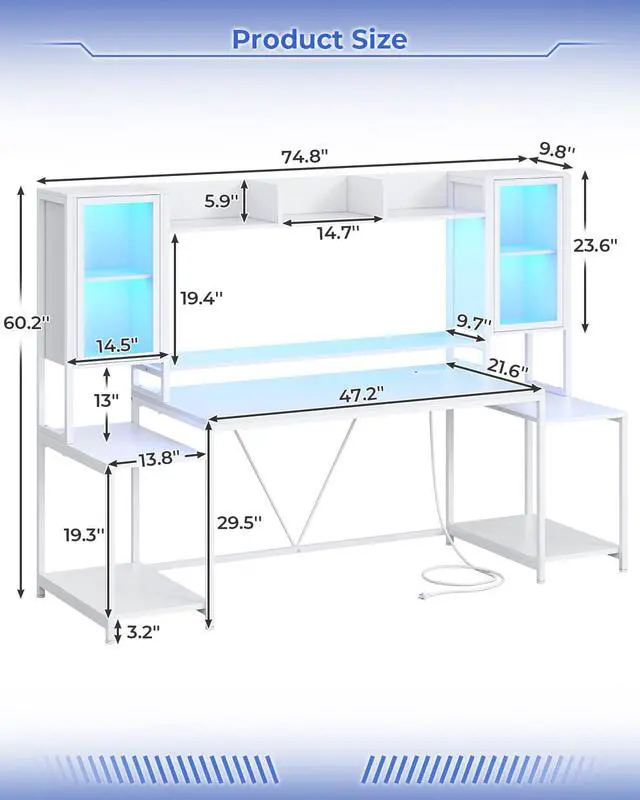 Alt view image 2 of 7 - Gaming Desk 74.8'' with LED Lights, Hutch and Storage Shelves, Computer Desk with Monitor Stand, Large PC Gamer Desk Workstation, Ergonomic Gaming Table for Bedroom, Living Room, White