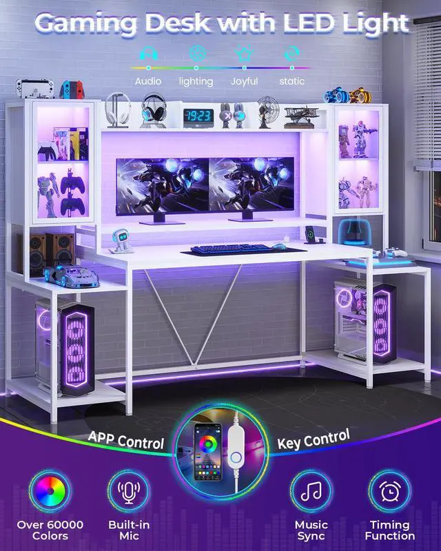Alt view image 4 of 7 - Gaming Desk 74.8'' with LED Lights, Hutch and Storage Shelves, Computer Desk with Monitor Stand, Large PC Gamer Desk Workstation, Ergonomic Gaming Table for Bedroom, Living Room, White