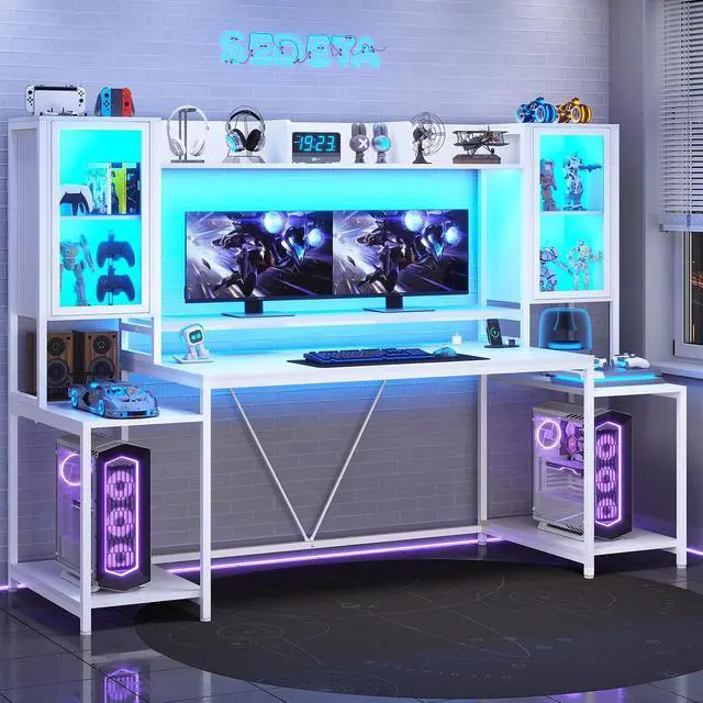 Alt view image 3 of 7 - Gaming Desk 74.8'' with LED Lights, Hutch and Storage Shelves, Computer Desk with Monitor Stand, Large PC Gamer Desk Workstation, Ergonomic Gaming Table for Bedroom, Living Room, White