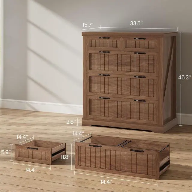 Alt view image 2 of 7 - Farmhouse File Cabinet for Home Office, 5 Drawer File Cabinet, Wood Office File Cabinets for Letter/Legal/A4 Size, File Cabinets with Printer Stand for Study Room, Living Room, Brown