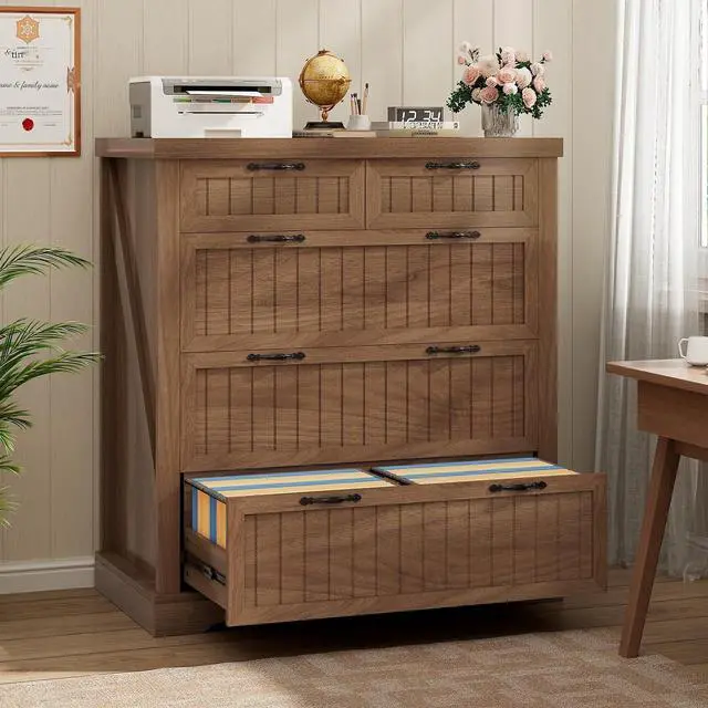 Main image of Farmhouse File Cabinet for Home Office, 5 Drawer File Cabinet, Wood Office File Cabinets for Letter/Legal/A4 Size, File Cabinets with Printer Stand for Study Room, Living Room, Brown