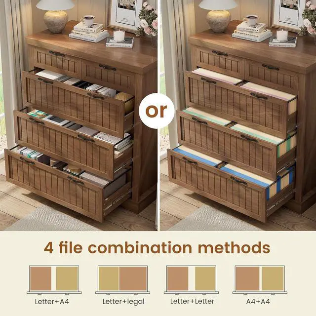Alt view image 3 of 7 - Farmhouse File Cabinet for Home Office, 5 Drawer File Cabinet, Wood Office File Cabinets for Letter/Legal/A4 Size, File Cabinets with Printer Stand for Study Room, Living Room, Brown