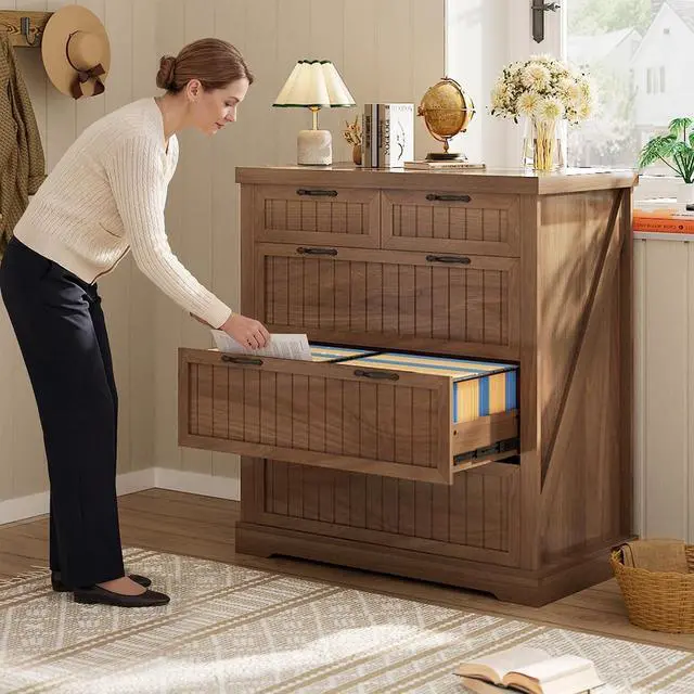 Alt view image 5 of 7 - Farmhouse File Cabinet for Home Office, 5 Drawer File Cabinet, Wood Office File Cabinets for Letter/Legal/A4 Size, File Cabinets with Printer Stand for Study Room, Living Room, Brown