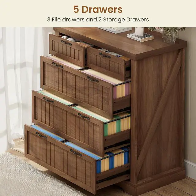Alt view image 6 of 7 - Farmhouse File Cabinet for Home Office, 5 Drawer File Cabinet, Wood Office File Cabinets for Letter/Legal/A4 Size, File Cabinets with Printer Stand for Study Room, Living Room, Brown