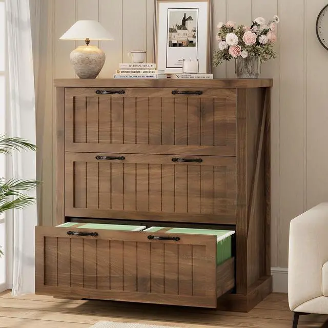 Main image of Filing Cabinet for Home Office, Farmhouse 3 Drawer File Cabinet, Wood Office File Cabinets for Letter/Legal/A4 Size, Lateral File Cabinets with Printer Stand, Brown