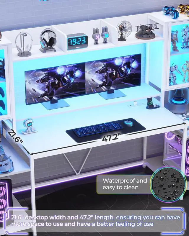 Alt view image 7 of 7 - Gaming Desk 74.8'' with LED Lights, Hutch and Storage Shelves, Computer Desk with Monitor Stand, Large PC Gamer Desk Workstation, Ergonomic Gaming Table for Bedroom, Living Room, White