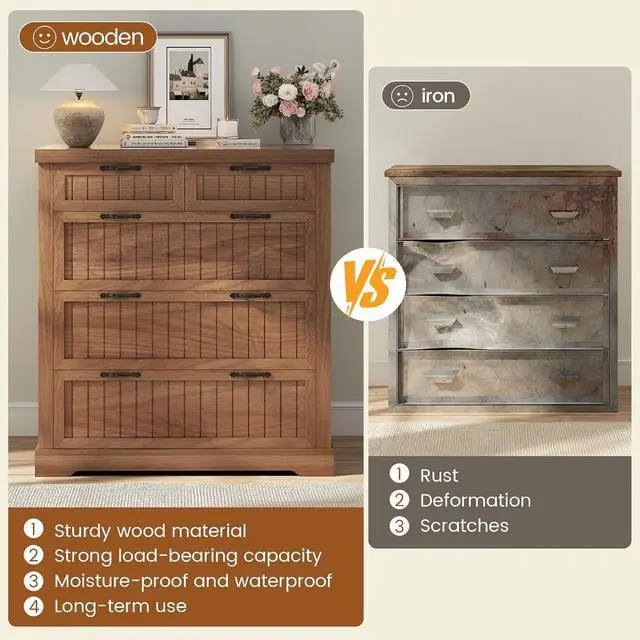 Alt view image 4 of 7 - Farmhouse File Cabinet for Home Office, 5 Drawer File Cabinet, Wood Office File Cabinets for Letter/Legal/A4 Size, File Cabinets with Printer Stand for Study Room, Living Room, Brown