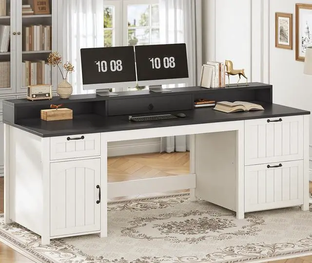 Alt view image 5 of 7 - Farmhouse 63" Executive Desk, Home Office Desk with File Drawer and Monitor Stand, Computer Desk with Drawers and Storage Cabinet, Wood Desk for Work Study Writing, White