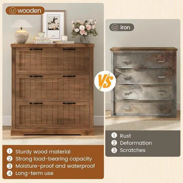 Alt view image 5 of 7 - Filing Cabinet for Home Office, Farmhouse 3 Drawer File Cabinet, Wood Office File Cabinets for Letter/Legal/A4 Size, Lateral File Cabinets with Printer Stand, Brown