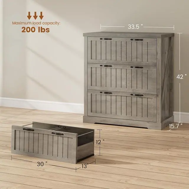 Alt view image 2 of 7 - File Cabinet for Home Office, Farmhouse 3 Drawer Filing Cabinet, Wood Office File Cabinets for Letter/Legal/A4 Size, Lateral File Cabinets with Printer Stand, Grey