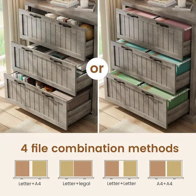 Alt view image 3 of 7 - File Cabinet for Home Office, Farmhouse 3 Drawer Filing Cabinet, Wood Office File Cabinets for Letter/Legal/A4 Size, Lateral File Cabinets with Printer Stand, Grey