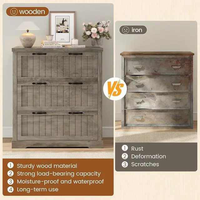Alt view image 4 of 7 - File Cabinet for Home Office, Farmhouse 3 Drawer Filing Cabinet, Wood Office File Cabinets for Letter/Legal/A4 Size, Lateral File Cabinets with Printer Stand, Grey