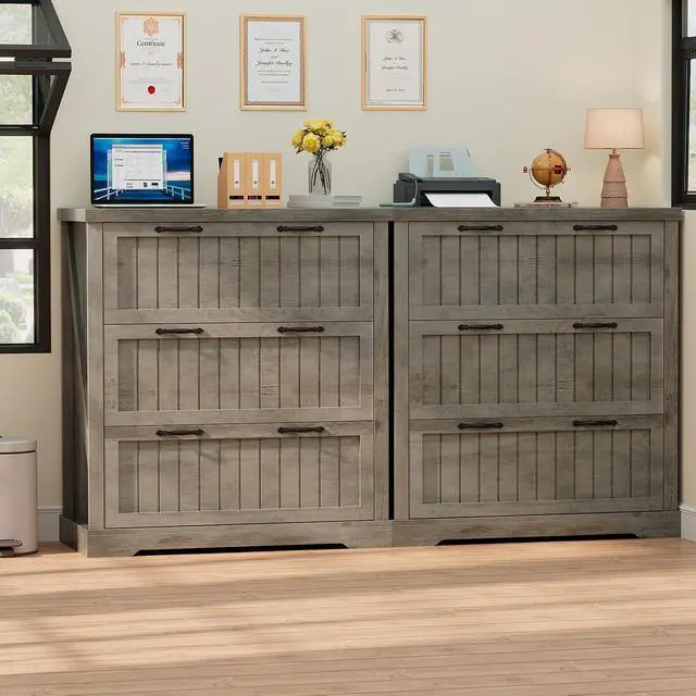 Alt view image 6 of 7 - File Cabinet for Home Office, Farmhouse 3 Drawer Filing Cabinet, Wood Office File Cabinets for Letter/Legal/A4 Size, Lateral File Cabinets with Printer Stand, Grey