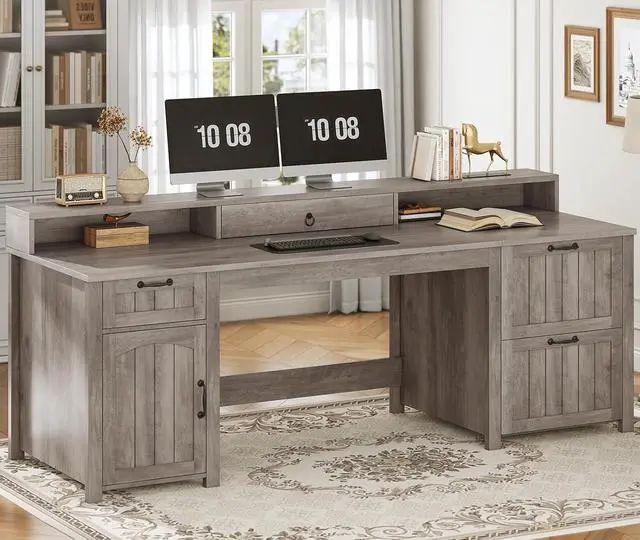Alt view image 3 of 7 - Farmhouse 63" Executive Desk, Wood Computer Desk with Drawers and Storage Cabinet, Home Office Desk with File Drawer and Monitor Stand, Wood Desk for Work Study Writing, Grey