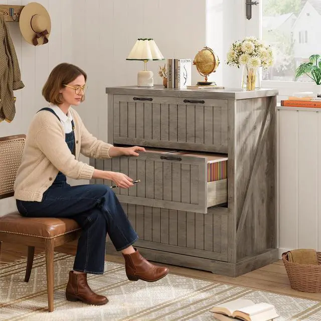 Alt view image 5 of 7 - File Cabinet for Home Office, Farmhouse 3 Drawer Filing Cabinet, Wood Office File Cabinets for Letter/Legal/A4 Size, Lateral File Cabinets with Printer Stand, Grey