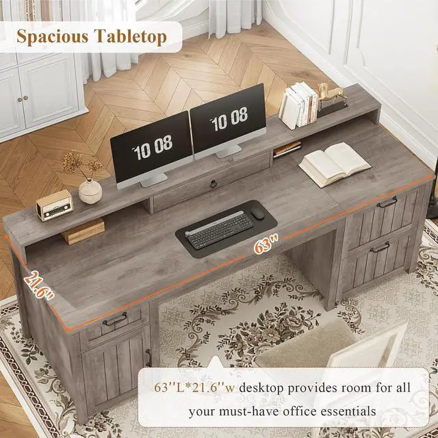 Alt view image 4 of 7 - Farmhouse 63" Executive Desk, Wood Computer Desk with Drawers and Storage Cabinet, Home Office Desk with File Drawer and Monitor Stand, Wood Desk for Work Study Writing, Grey