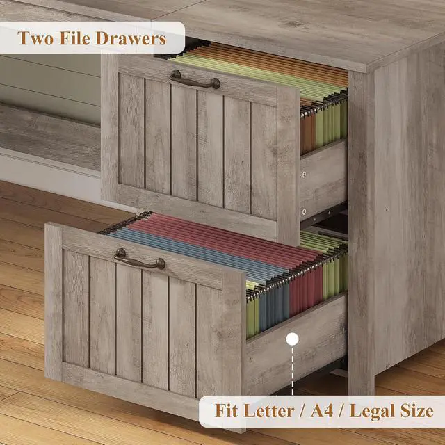 Alt view image 6 of 7 - Farmhouse 63" Executive Desk, Wood Computer Desk with Drawers and Storage Cabinet, Home Office Desk with File Drawer and Monitor Stand, Wood Desk for Work Study Writing, Grey