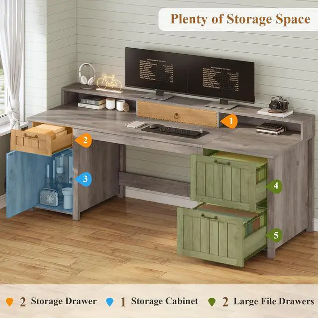 Alt view image 5 of 7 - Farmhouse 63" Executive Desk, Wood Computer Desk with Drawers and Storage Cabinet, Home Office Desk with File Drawer and Monitor Stand, Wood Desk for Work Study Writing, Grey