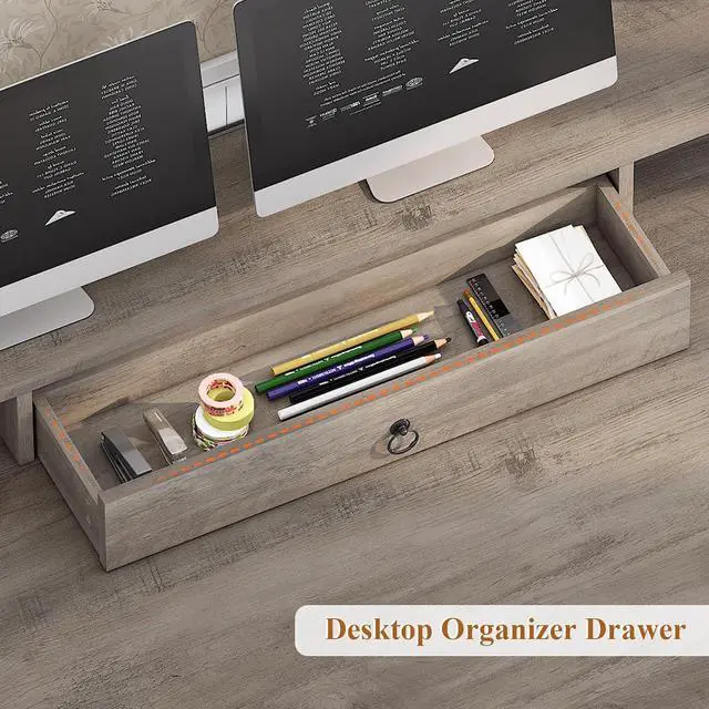 Alt view image 7 of 7 - Farmhouse 63" Executive Desk, Wood Computer Desk with Drawers and Storage Cabinet, Home Office Desk with File Drawer and Monitor Stand, Wood Desk for Work Study Writing, Grey