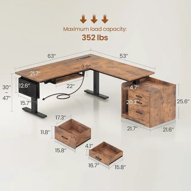 Alt view image 2 of 7 - L Shaped Electric Standing Desk with File Cabinet, 63 x 53'' Height Adjustable Home Office Computer Desk with 3 Drawers, Power Outlet, Stand up Gaming Table with Led Lights, Rustic Brown